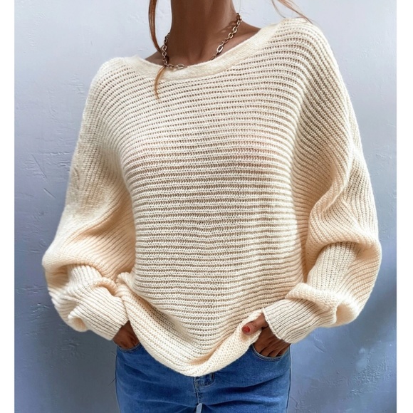 Backless Knit Beige Pullover Sweater Batwing Sleeve - Picture 5 of 6